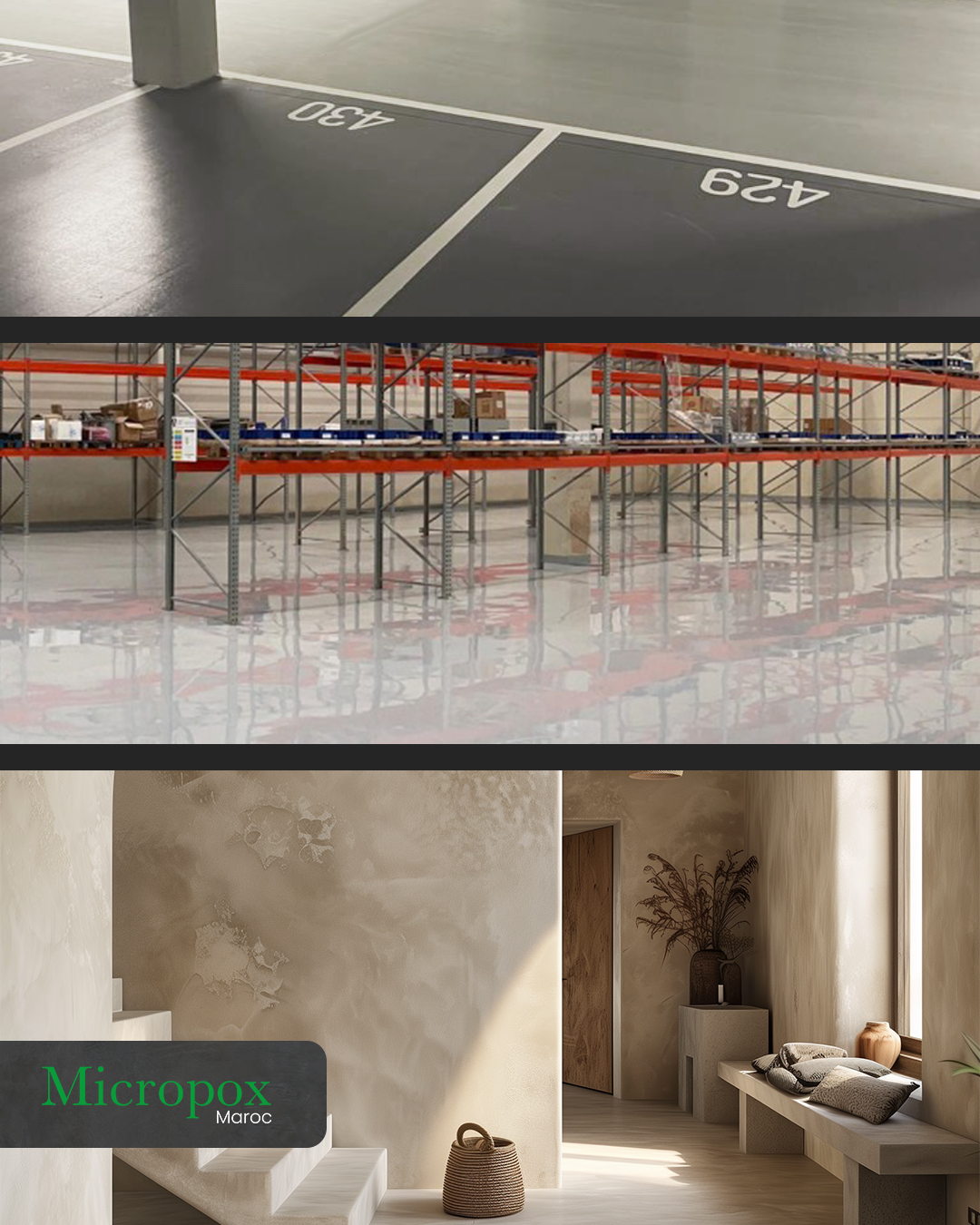 Exemples d’applications en béton époxy dans un parking, une zone industrielle et une maison marocaine contemporaine. Revêtement continu, résistant et esthétique pour tous types de projets.